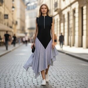 Metamorphoza Black Striped Asymmetrical Midi Dress Womens Size Large